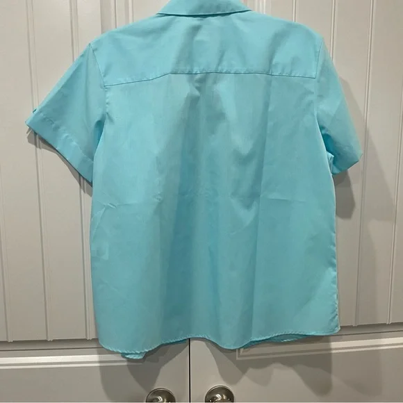 Foxcroft Blue Short Sleeve Button Down Shirt Wrinkle Free Shaped Size 14 Petite - Picture 3 of 5